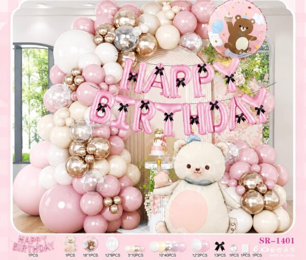 Pink Teddy Bear Birthday Balloon Decoration Kit