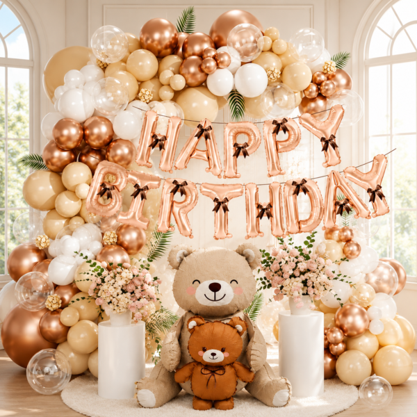 Rose Gold Teddy Bear Happy Birthday Balloon Decoration Set
