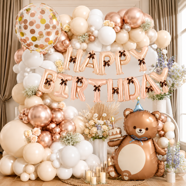 Neutral Teddy Bear Happy Birthday Balloon Decoration Set