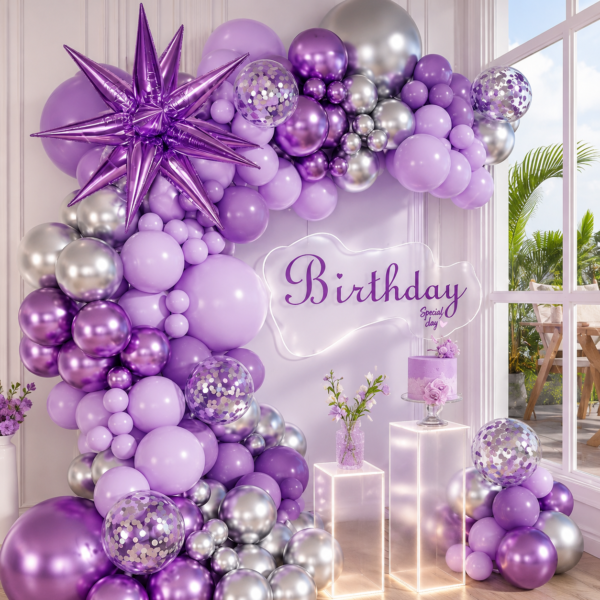 Purple Silver Happy Birthday Balloon Decoration Set