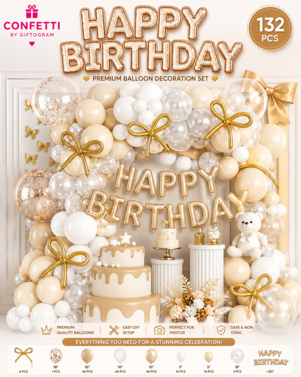 Luxury White & Gold Happy Birthday Balloon Decoration Set (132 PCS)