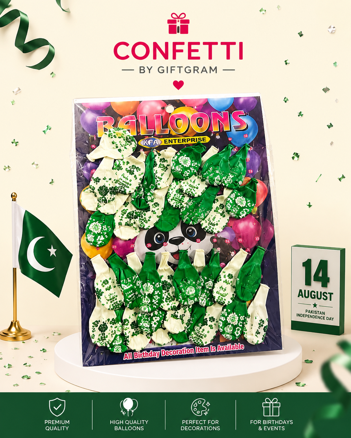 14 August Pakistan Independence Day Green & White Printed Balloons (Pack of 40)