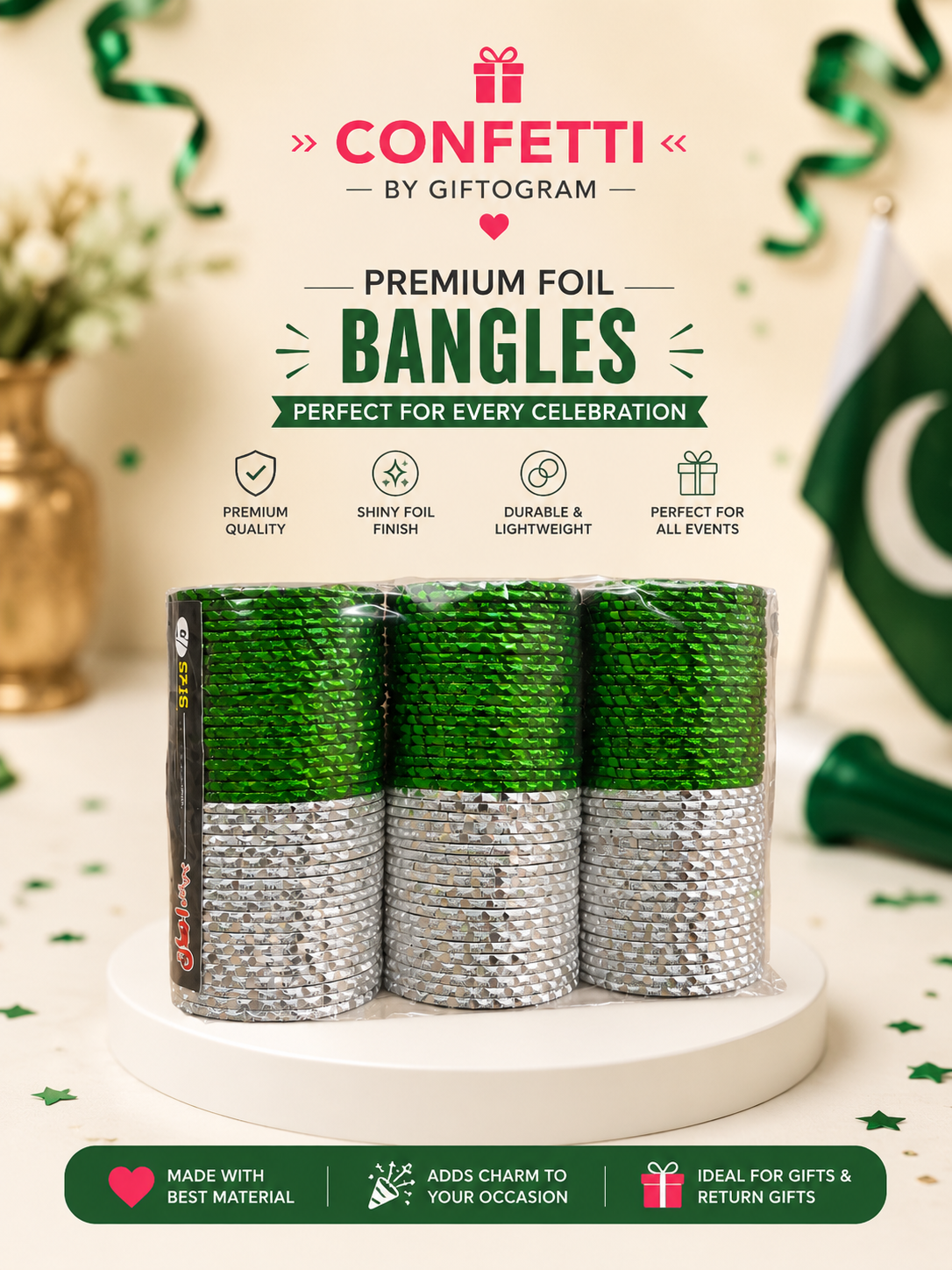 14 August Green & Silver Foil Bangles Set (Pack of 3) | Pakistan Independence Day Party Wrist Bands