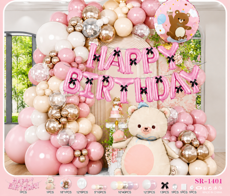 Pink Teddy Bear Birthday Balloon Decoration Kit