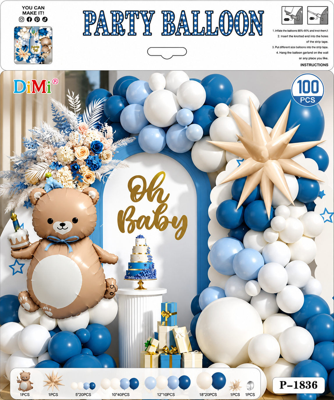 Blue Teddy Bear Baby Shower Balloon Decoration  (100 PCS)