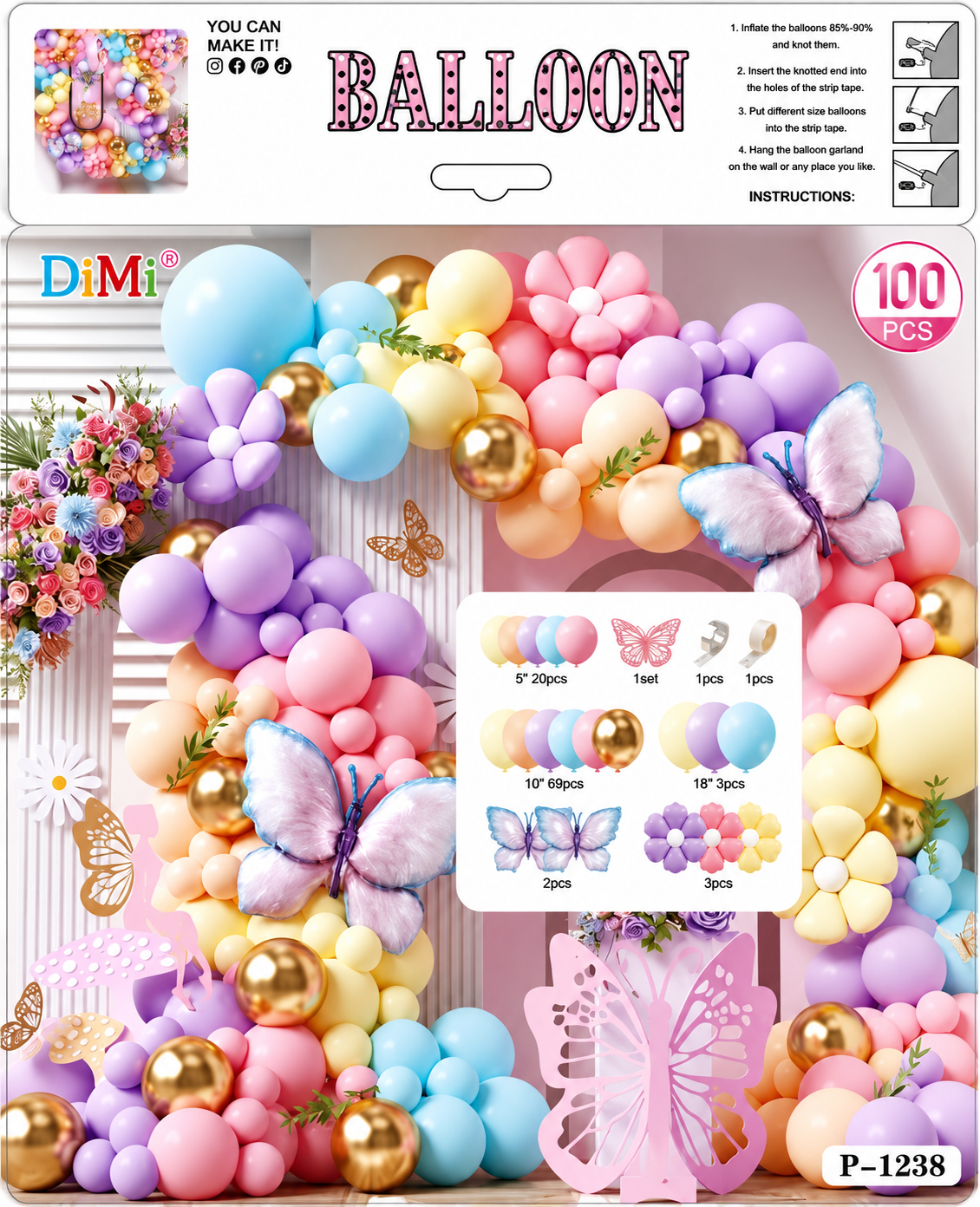 Pastel Butterfly Balloon Decoration Set – (100 PCS) Balloon | Confetti By Giftogram